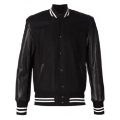 Mens Leather Sleeves Black Bomber Jacket