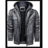 Mens Motorcycle Bomber Removable Hood Grey Leather Jacket