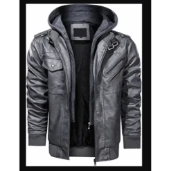 Mens Motorcycle Bomber Removable Hood Grey Leather Jacket