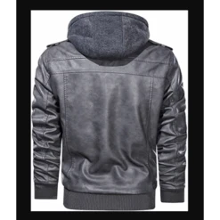 Mens Motorcycle Bomber Removable Hood Grey Leather Jacket -Film Star Cheap Outfits Store Mens Removable Hood Grey Bomber Jacket 500x500 1