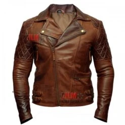Classic Diamond Biker Distressed Leather Jacket