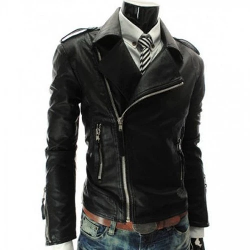 Slim Fit Mens Asymmetrical Black Leather Motorcycle Zipper Jacket 2 Slim Fit Mens Asymmetrical Black Leather Motorcycle Zipper Jacket - Image 2