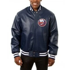New York Islanders Varsity Navy Blue Leather Jacket
