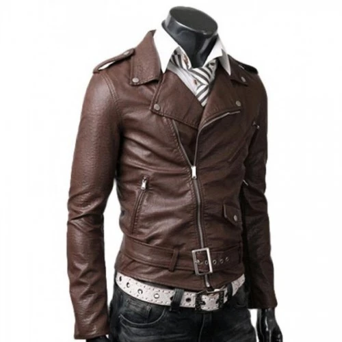 Men Slim Fit Belted Rider Brown Leather Jacket 3 Men Slim Fit Belted Rider Brown Leather Jacket - Image 3