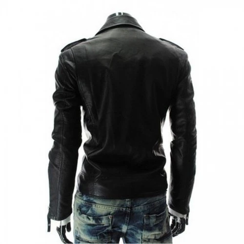 Slim Fit Mens Asymmetrical Black Leather Motorcycle Zipper Jacket 3 Slim Fit Mens Asymmetrical Black Leather Motorcycle Zipper Jacket - Image 3